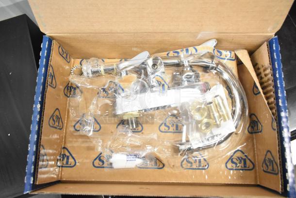 BRAND NEW T&S B-1146-2-V12-CR workboard faucet, 4" centers, 4 3/8" gooseneck spout, 1.2 GPM aerator, boxed, slight scratch.