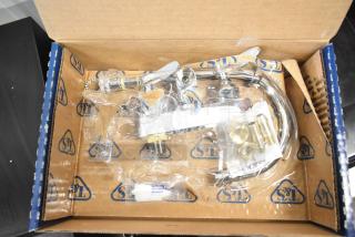 BRAND NEW T&S B-1146-2-V12-CR workboard faucet, 4" centers, 4 3/8" gooseneck spout, 1.2 GPM aerator, boxed, slight scratch.