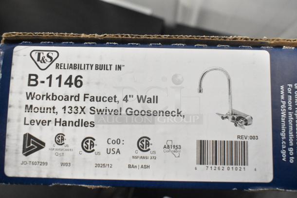 BRAND NEW T&S B-1146-2-V12-CR wall-mounted faucet, 4" centers, 4 3/8" gooseneck spout, 1.2 GPM aerator, Cerama cartridges.