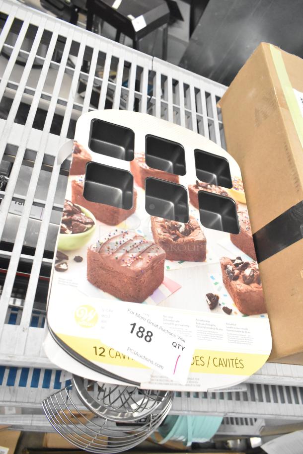 BRAND NEW Wilton 12-Compartment Non-Stick Steel Bite-Size Brownie Pan, 2.5"x2.5"x1.5" Cavities, labeled "188 QTY."