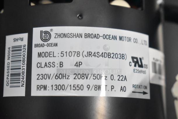 BRAND NEW ZHONGSHAN BROAD 51078 motor, 208/230V, 1 Phase. Model JR4S4DB203B, scratch and dent condition.