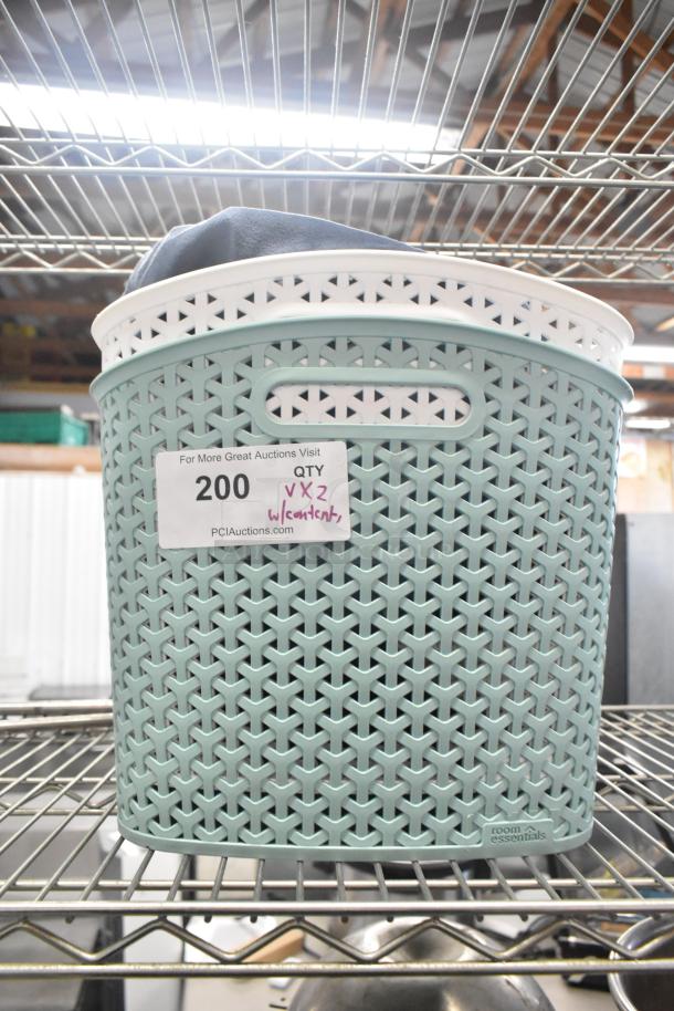 Lot of 2 poly bins with contents, green and white lattice design, Room Essentials brand, labeled "200 QTY VX2 w/contents."