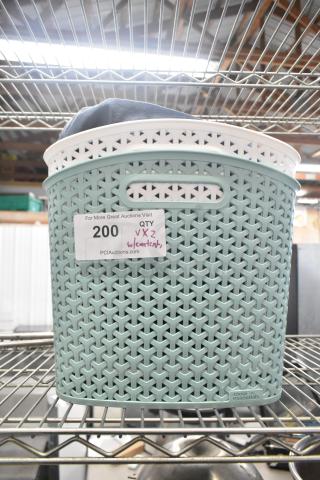Lot of 2 poly bins with contents, green and white lattice design, Room Essentials brand, labeled "200 QTY VX2 w/contents."