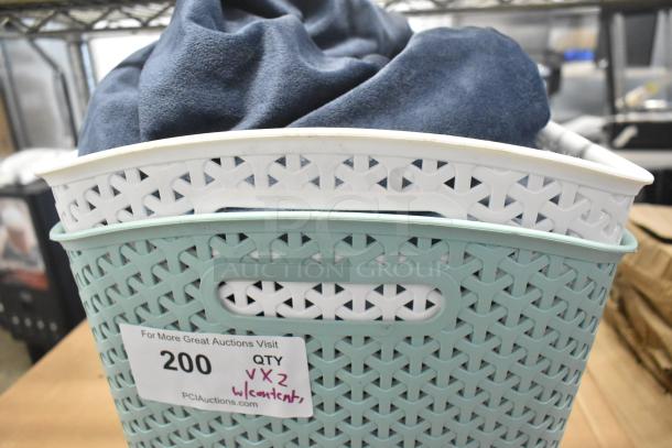 Lot of 2 poly bins, white and green, with contents. Label indicates quantity "2" with contents.