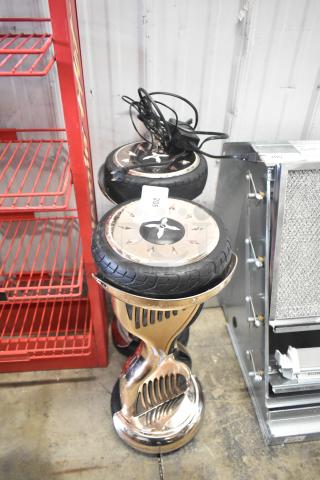 2 Hover-1 Titan HY-TTN hoverboards with shiny gold finish and black tires, charger included; auction tag 206 visible.