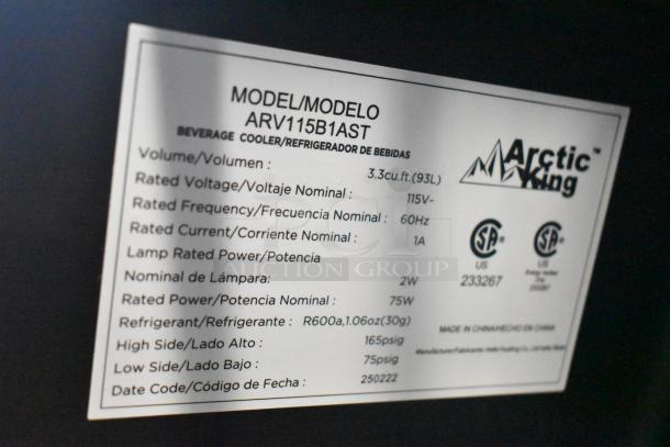 Arctic King Mini Cooler Merchandiser label. Model ARV115B1AST, 115V, 60Hz, 3.3 cu.ft. Refrigerant R600a.