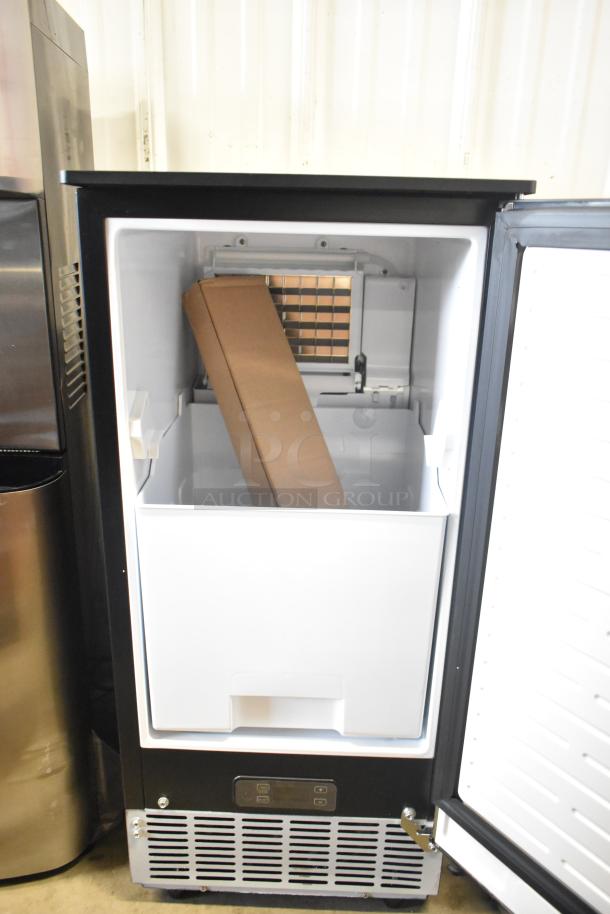 BRAND NEW KoolMore BIM75-BS stainless-steel ice maker, 75lbs/24h, open door, inner compartment shown, 115V, 1 phase.