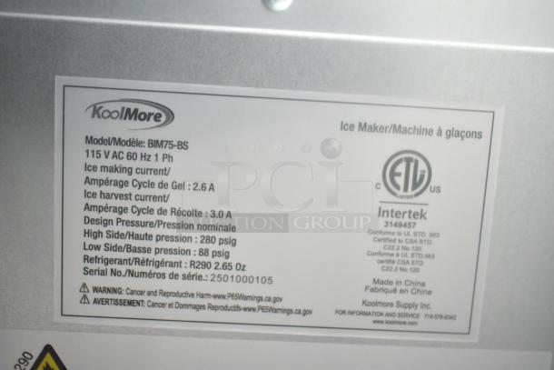 KoolMore BIM75-BS stainless-steel commercial ice maker label, 115V, 75lbs/24h, ETL listed, made in China, model specifications visible.