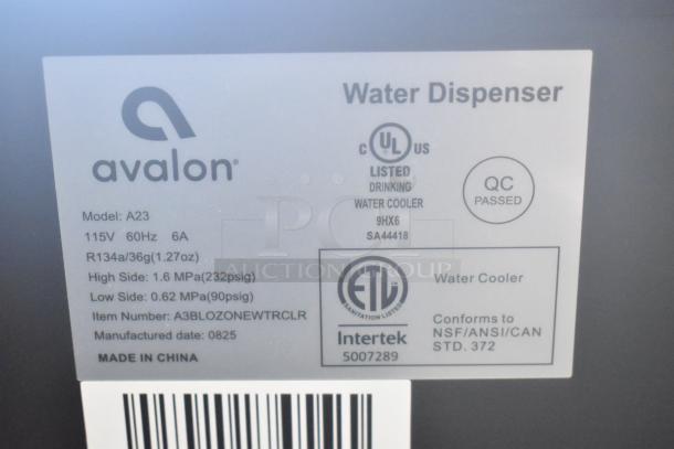 Avalon A23 Floor Style Water Dispenser label showing model, voltage (115V), and certifications, QC passed.