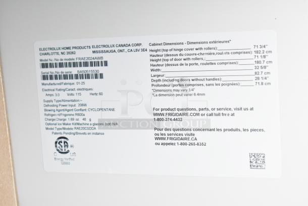 Label on Frigidaire FRAE2024AWB Reach In Cooler; 115V, 1 Phase. Model, serial number, dimensions, and specs detailed.