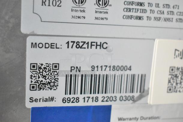 Avantco 178Z1FHC Commercial Freezer label showing model, serial, and certification details. 115 Volts, 1 Phase.