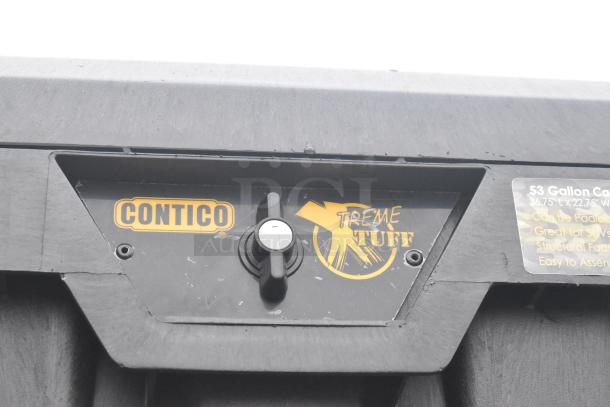 Contico Xtreme Tuff black poly bin, robust design. Features Contico label and 53-gallon capacity sticker. Durable and secure.