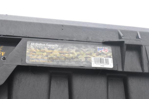 Contico Xtreme Tuff black poly bin, 53-gallon capacity, 36.75"x22.75"x20.25", secure, durable foam construction, made in USA.
