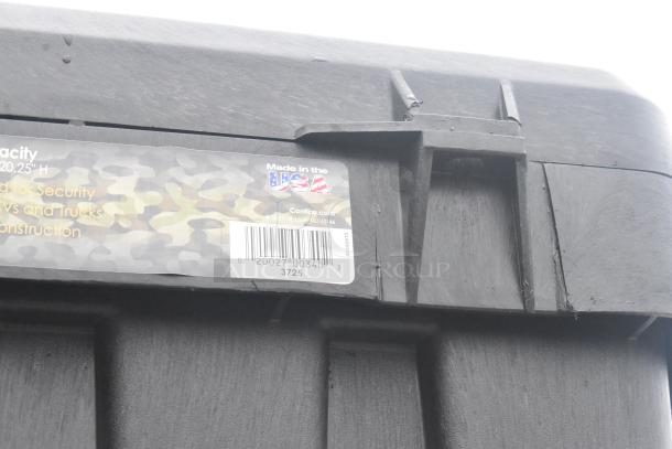 Contico Xtreme Tuff black poly bin, robust build, visible label with barcode, made in the USA. Ideal for secure storage.