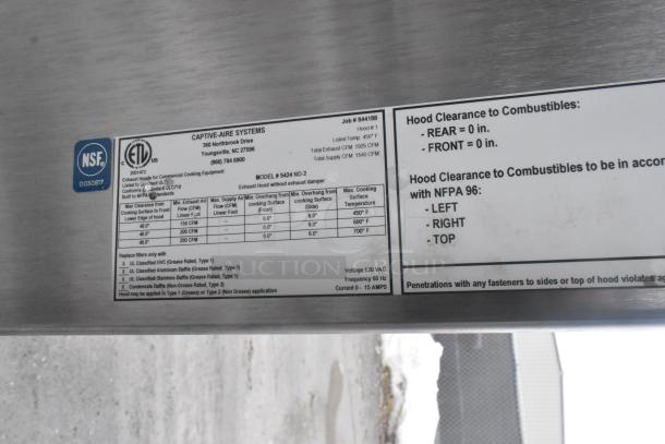 11' CaptiveAire 5424 ND-2 grease hood, commercial use, with filters and lights; includes NSF and ETL labels detailing specifications.
