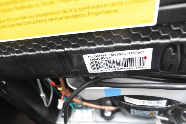 Mainstays DG40BY1A label with model number MS553614756001; part of 5 mini coolers auction, including Galanz FLR31TS1E02.