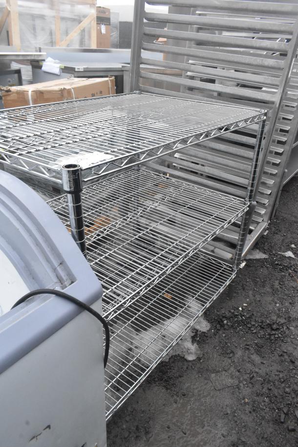Chrome finish 3-tier wire shelving unit, sturdy condition. Buyer must dismantle for shipping. Consider freight charges.