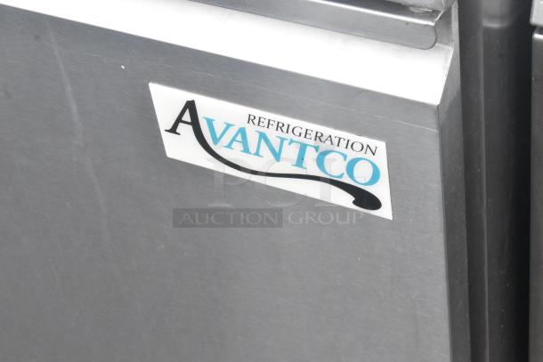 Avantco 178SSUC48FHC commercial 2 door worktop freezer, stainless steel finish, on casters, 115V, label visible.