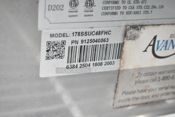 Avantco 178SSUC48FHC commercial freezer label showing model, serial number, and compliance details.