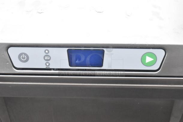 2018 Hobart LXER commercial undercounter dishwasher control panel; shows power button and blue display. 120/208-240 Volts, 1 Phase.