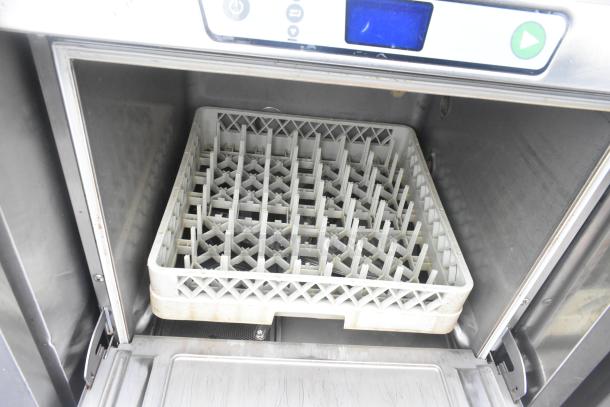 2018 Hobart LXER commercial undercounter dishwasher, stainless steel, open door view with rack inside, good condition.