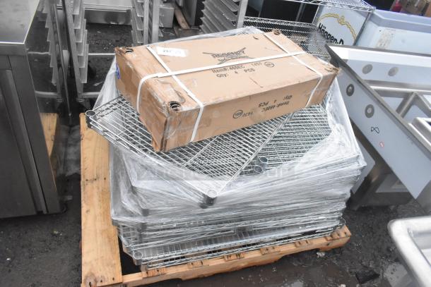 13 new Regency 460EC1430 NSF chrome wire shelves, 14" x 30", slight scratches and dents, in packaging on pallet.