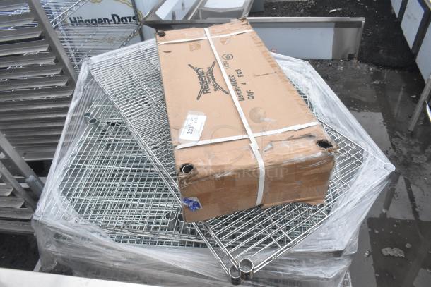 New scratch and dent Regency 460EC1430 CMSV1430 14"x30" NSF chrome wire shelves. Box labeled "4 pcs," total 13 items.