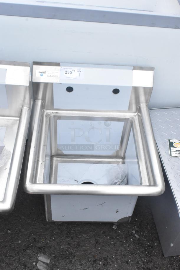 Brand new Steelton 522CS11515 18-gauge stainless steel sink, one compartment, no legs, 15"x15"x12" bowl, scratch and dent.