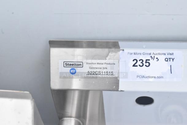 Steelton 522CS11515 stainless steel sink, 18-gauge, 15"x15"x12" bowl, no legs, NSF certified, new condition, some dents.