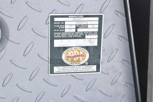 BRAND NEW Regency 600GT15 grease trap, 30 lb capacity, 15 GPM, with 2" non-threaded connections, PDI certified.