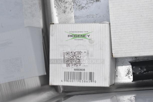 Brand new Regency 600S318181L stainless steel sink box with model number 600DB35 and QR code visible.