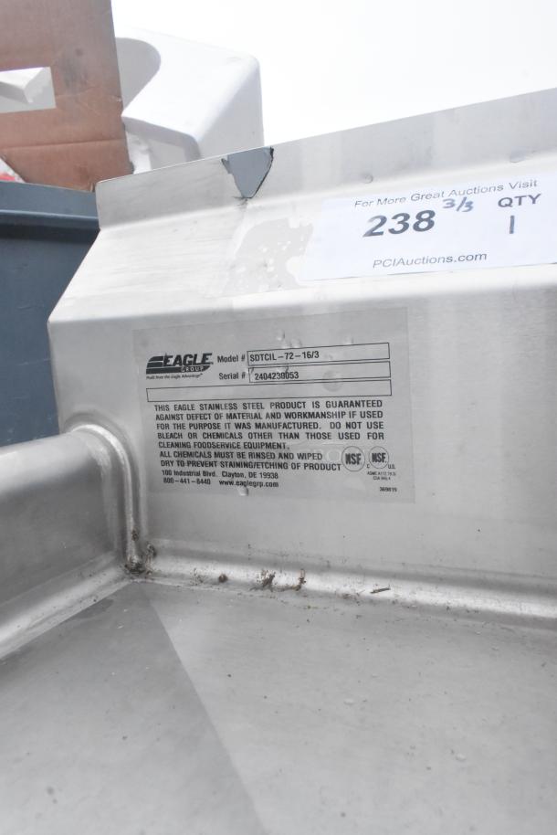 BRAND NEW Eagle Group SDTCIL-72-16/3 72" 16-Gauge Stainless Steel L-Shape Dishlanding Table, slight scratch visible.