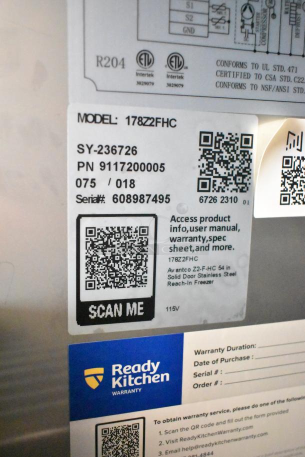 BRAND NEW 2023 Avantco 178Z2FHC Commercial 2 Door Freezer label. Shows model, specs, 115V, warranty QR code.