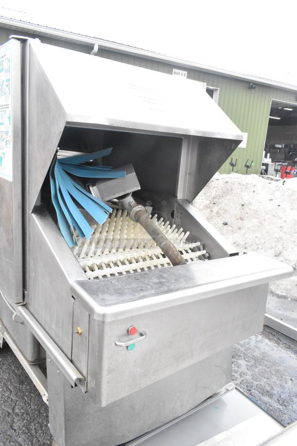 Hobart FT900 commercial flight dishwasher, stainless steel, 480V, 3-phase, showing interior components and operating buttons.