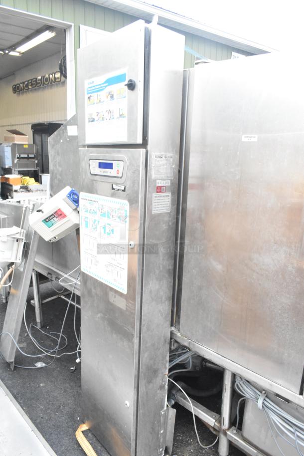 Hobart FT900 commercial flight style dishwasher, 480V, 3-phase. Stainless steel with control panel and instructional labels.