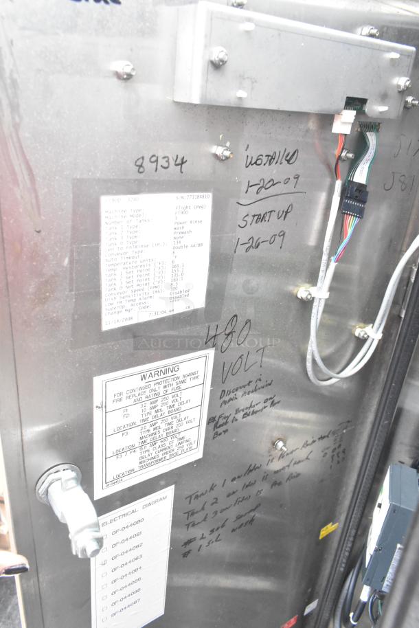 Hobart FT900 Commercial Dishwasher panel, showing model and specifications, 480 volts, 3-phase, with hand-labeled notes.