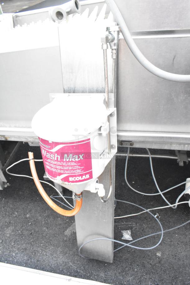 Hobart FT900 commercial flight style dishwasher, 480V, 3-phase, with Ecolab detergent system attached.