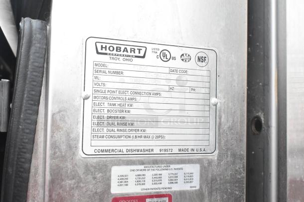 Hobart FT900 Commercial Dishwasher label showing model, serial number, electrical specs, and NSF certification.