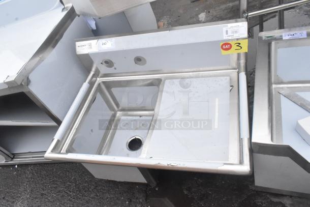 Regency 600S1162018R single bay sink, right side drain board, no legs, scratch and dent condition, labels visible.