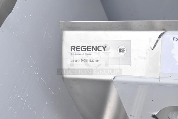 Brand new Regency 600S1162018R single bay sink with right drain board. Labeled as scratch and dent, no legs included.