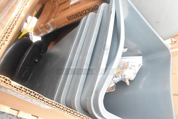 Brand new scratch and dent items in box. Includes gray trash cans, sink, and bucket seat. Sold as 14 lots. Markings indicate model 600WS1236HD.