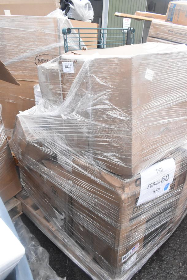 Shrink-wrapped pallet with 8 new scratch and dent items, including a beverage dispenser, wire shelf, and chair frame.