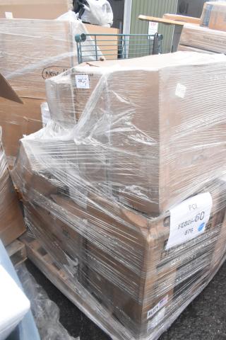 Shrink-wrapped pallet with 8 new scratch and dent items, including a beverage dispenser, wire shelf, and chair frame.