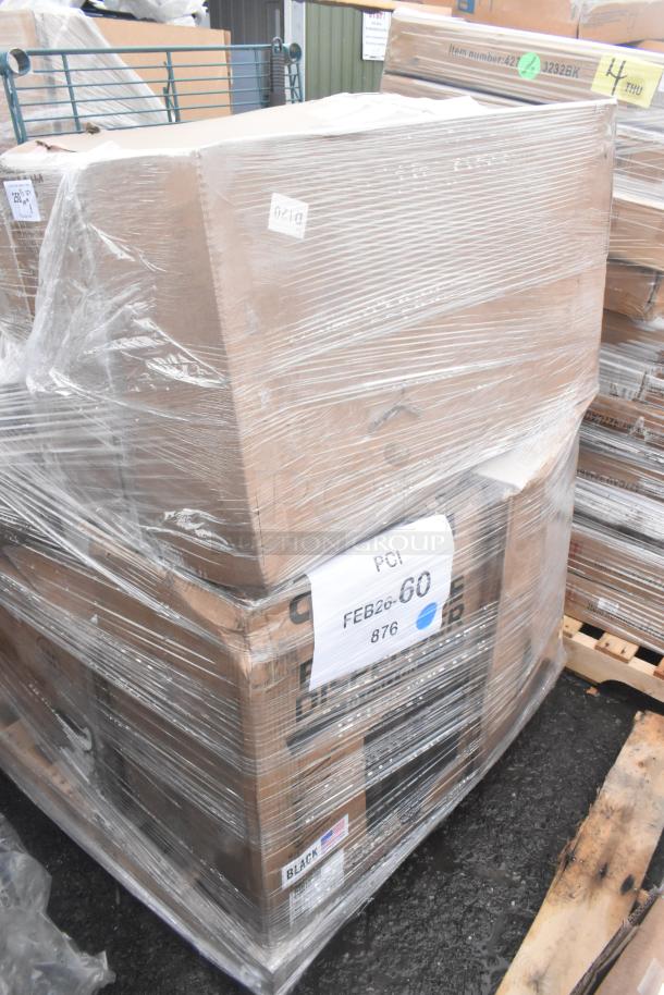 Shrink-wrapped pallet containing boxes, possibly with new scratch and dent items: beverage dispenser, wire shelf, chair frame. Tags show "PCI FEB26-60 876."