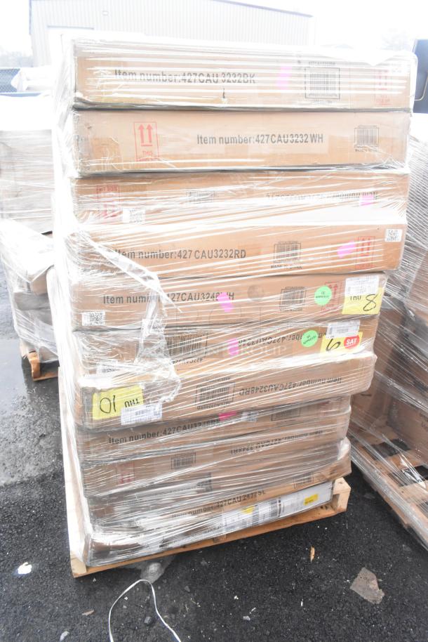Pallet of 14 brand new, scratch and dent outdoor tables in sealed boxes. Visible item numbers include 427CAU3232BK and 427CAU3232RD.