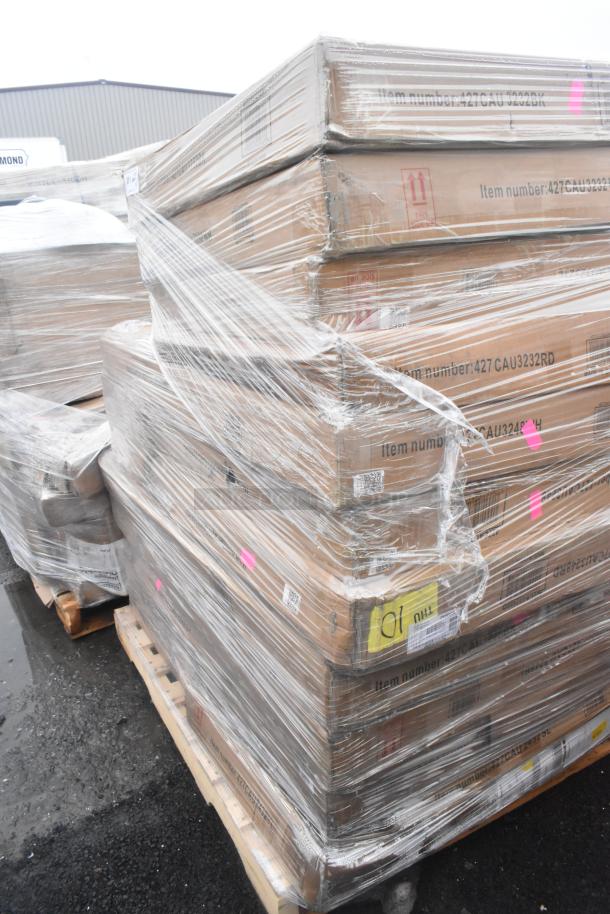 Pallet of 14 brand new boxed items including outdoor tables, wrapped in plastic. Labeled "Item number: 427 CAU3232".