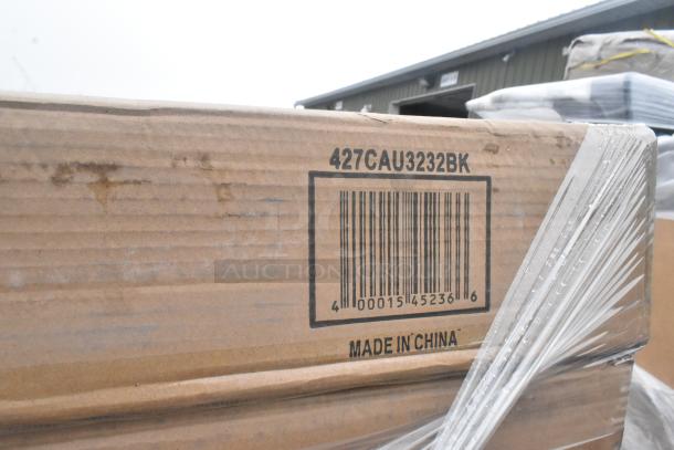 Cardboard box with barcode and code 427CAU3232BK, labeled "Made in China," holding new scratch and dent items.