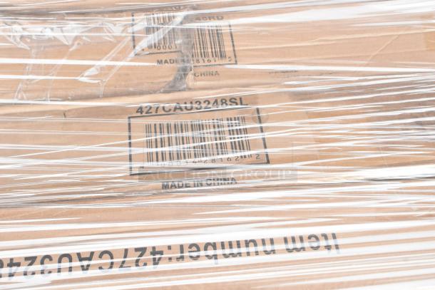 Sealed pallet with 14 scratch and dent outdoor tables in boxes, item code 427CAU3248SL, made in China.