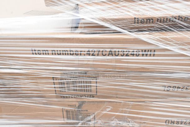 Shrink-wrapped cardboard boxes labeled "Item number: 427CAU3248WI," containing assorted new scratch and dent items, including outdoor tables.