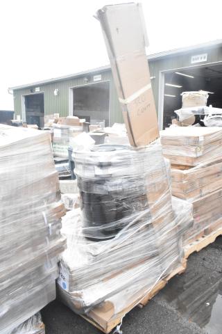 Wrapped pallet with 12 new scratch and dent items, including trash can lid, ingredient bin, and pan rack.